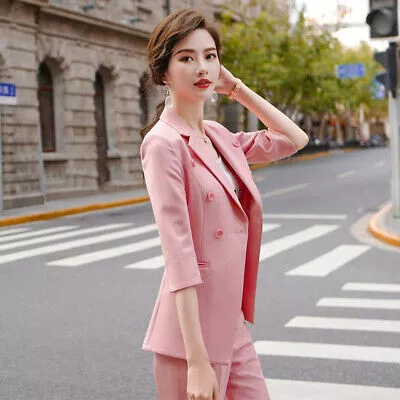 Tailleur completo rosa azzurro giacca manica lunga pantaloni slim elegante  4877