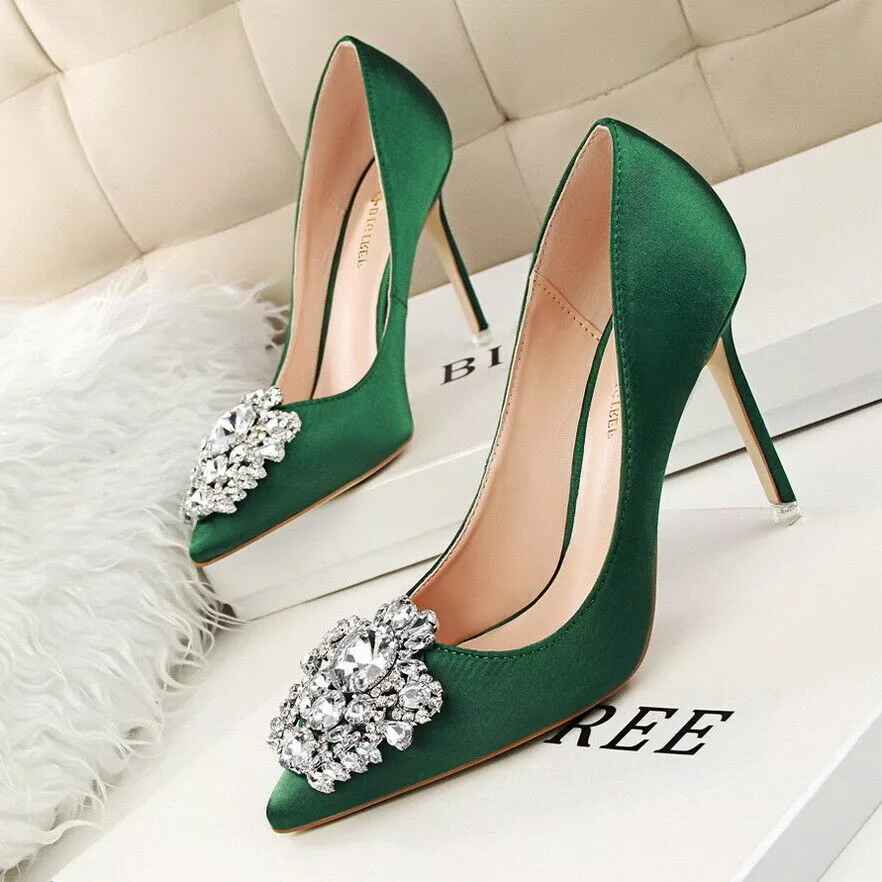 decolte scarpe con tacco donna 10 cm verde raso strass pelle