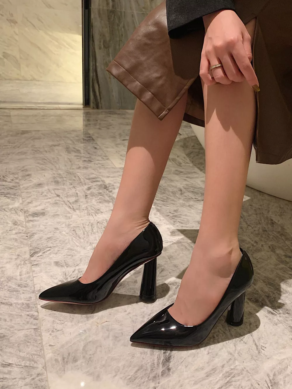Zapatos de Salón Mujer Elegantes Cómodo Negro Brillante 8 CM Piel Sintético  9222