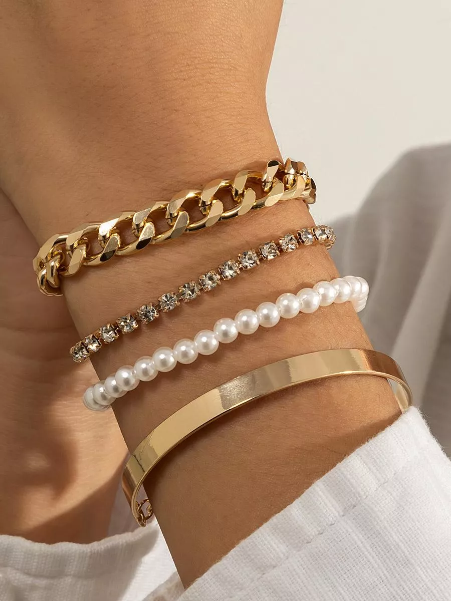 Set bracciali acciaio catena bracciale tennis strass perle oro 4 pezzi R019