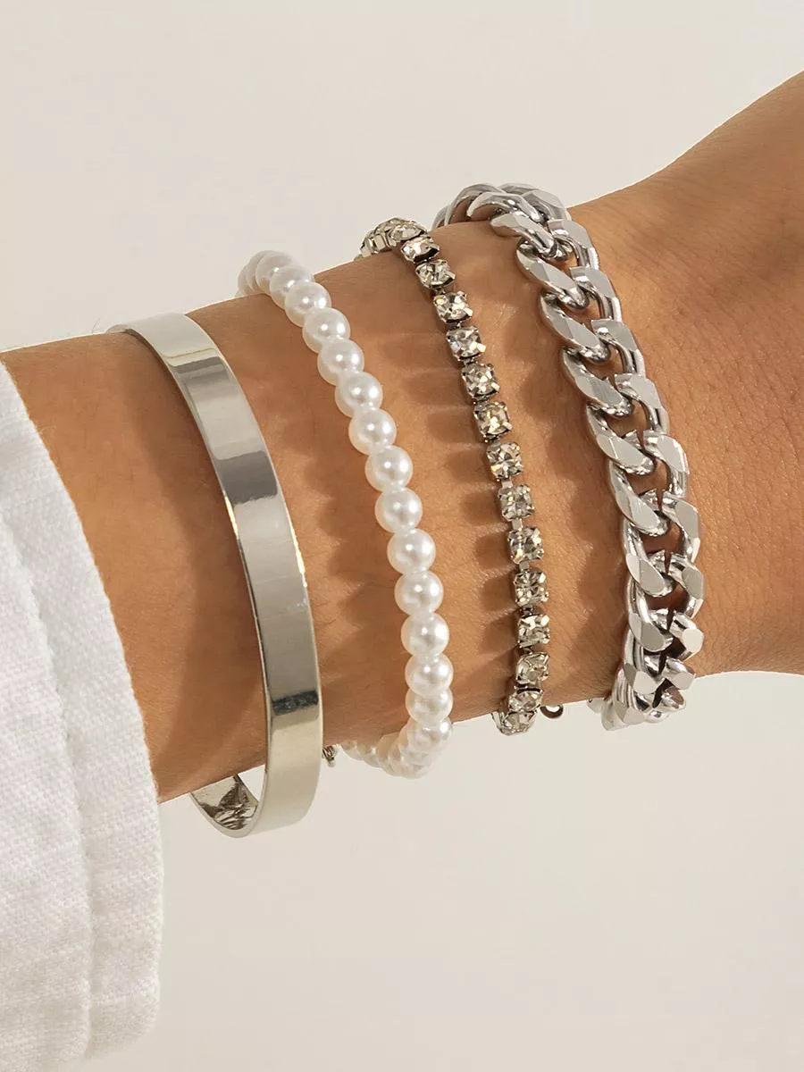 Set bracciali acciaio catena bracciale tennis strass perle argento 4 pezzi  R019