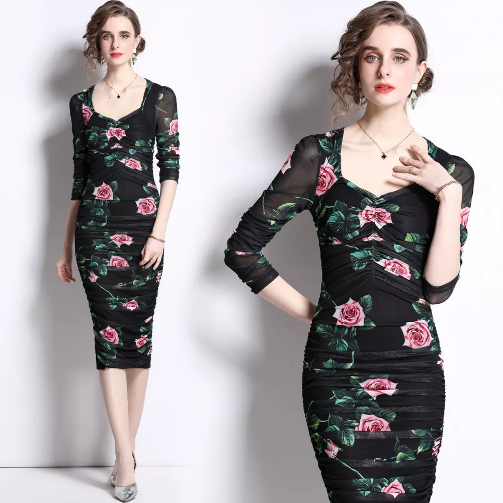 Tubino vestito abito donna elegante al ginocchio scollato nero fiori 10689