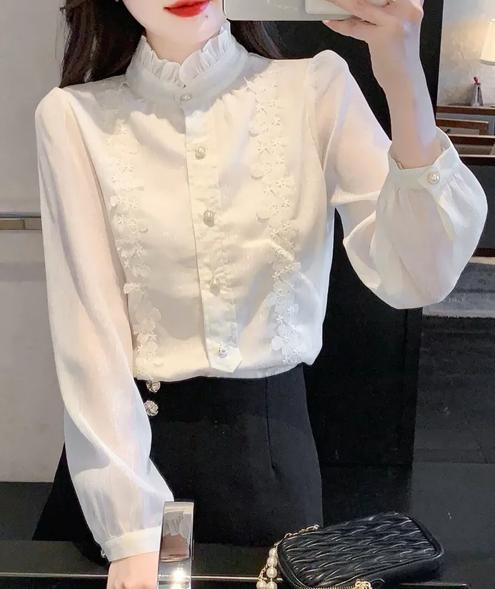 Camicia Maglia Blusa Donna Camicetta Bianco Raso Scollata Elegante 57729