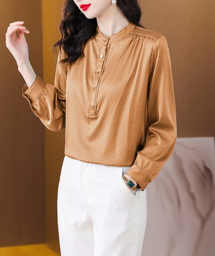 Camicia Maglia Blusa Donna Camicetta Beige Oro Raso Elegante Scollata 53817