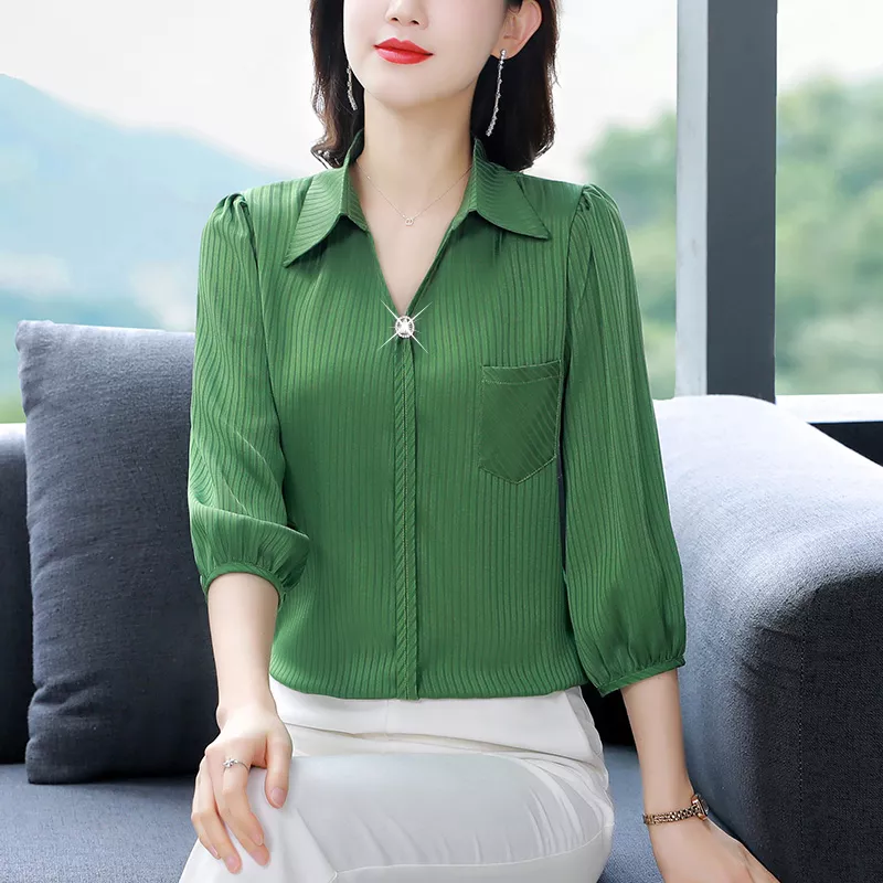 Camicia Maglia Blusa Donna Camicetta Verde Raso Scollata