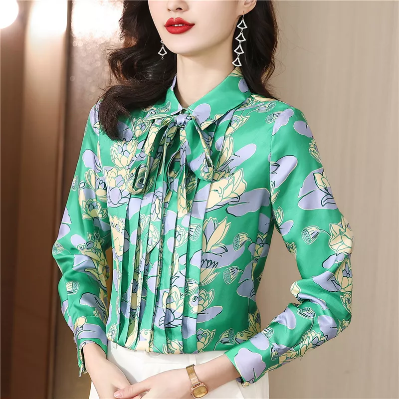 Camicia Maglia Blusa Donna Camicetta Verde Colorato Raso Scollata Elegante  56119