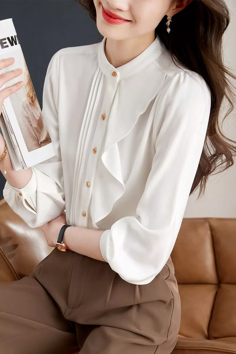 Camicia Maglia Blusa Donna Camicetta Chiffon Bianco Panna Raso