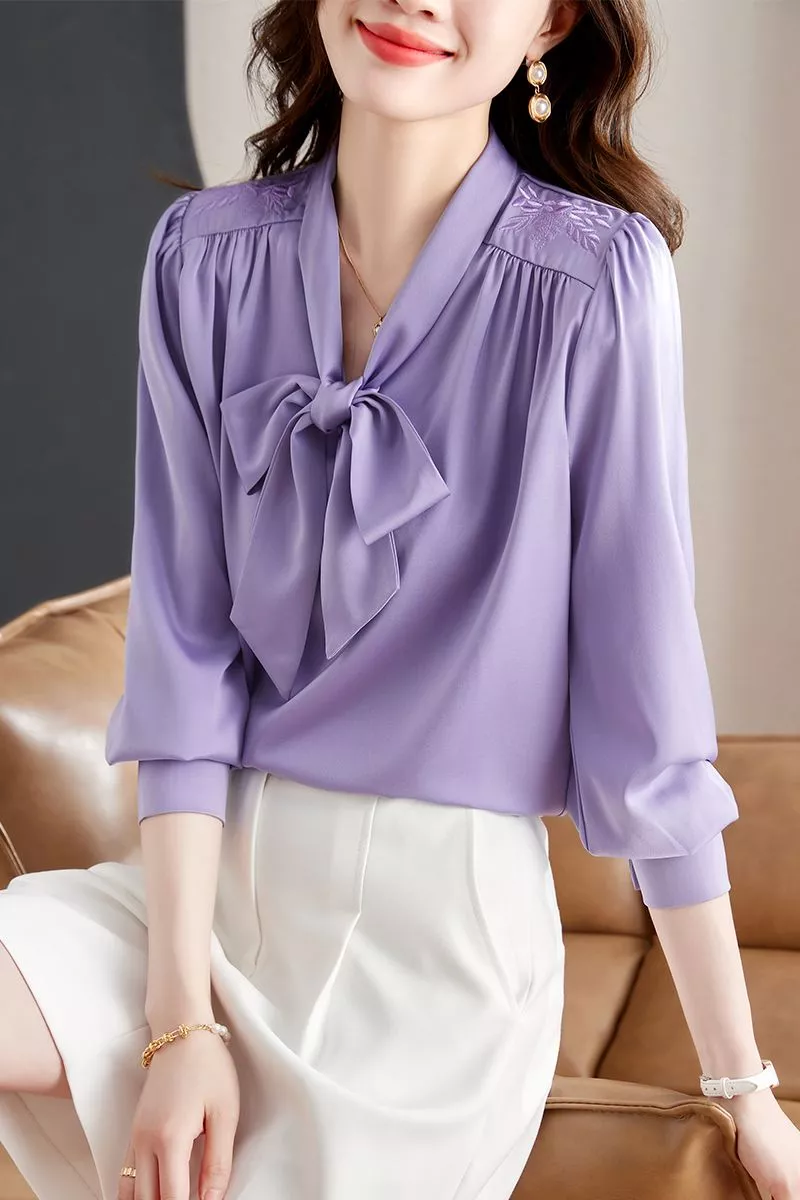 Camicia Maglia Blusa Donna Camicetta Colorata Blu Raso Elegante Scollata  52931