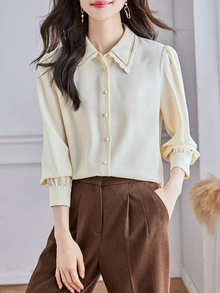 Camicia Maglia Blusa Donna Camicetta Raso Beige Chiffon Elegante