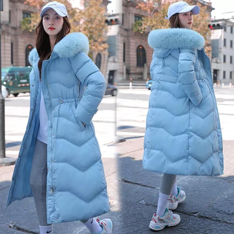 Piumino Parka Giacca Donna Sintetico Cappuccio Azzurro Lungo