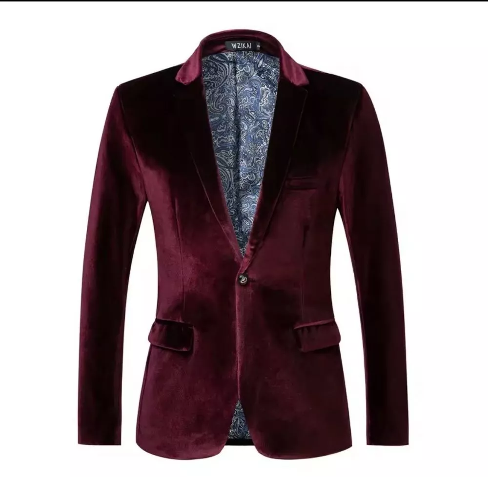 Giacca spezzato uomo in velluto bordeaux con interno fantasia paisley blu vista frontale
