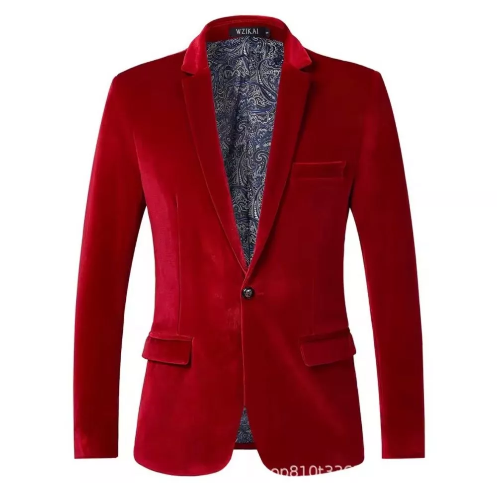 Giacca spezzato uomo in velluto rosso con chiusura a bottone singolo e tasche con patta