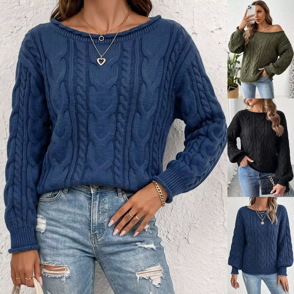 Maglione donna verde con scollo ampio e maniche lunghe indossato da modello