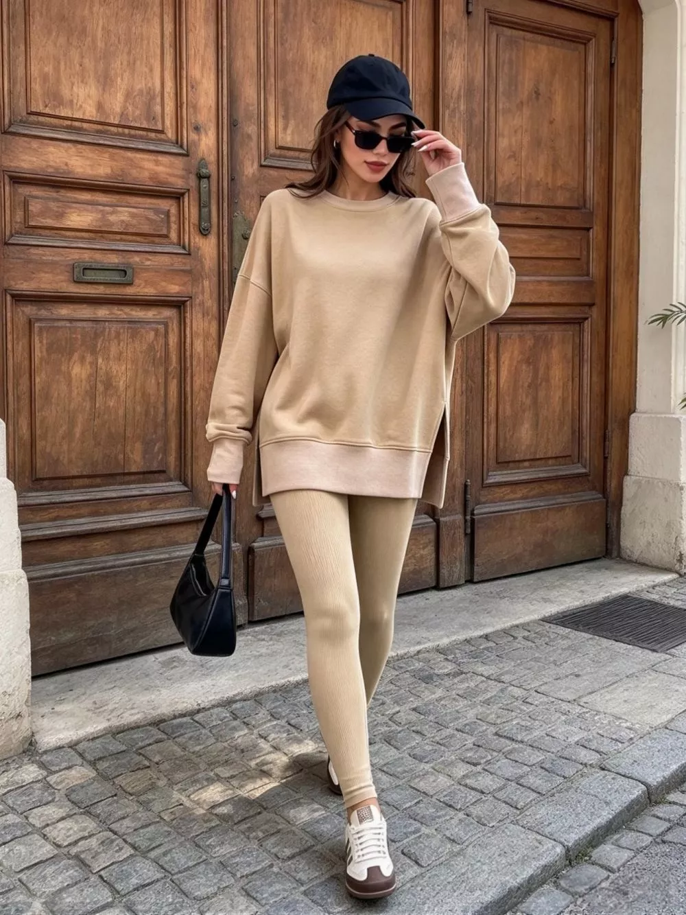 Donna indossa tuta beige con maglia oversize e leggings a coste, cappellino e occhiali da sole